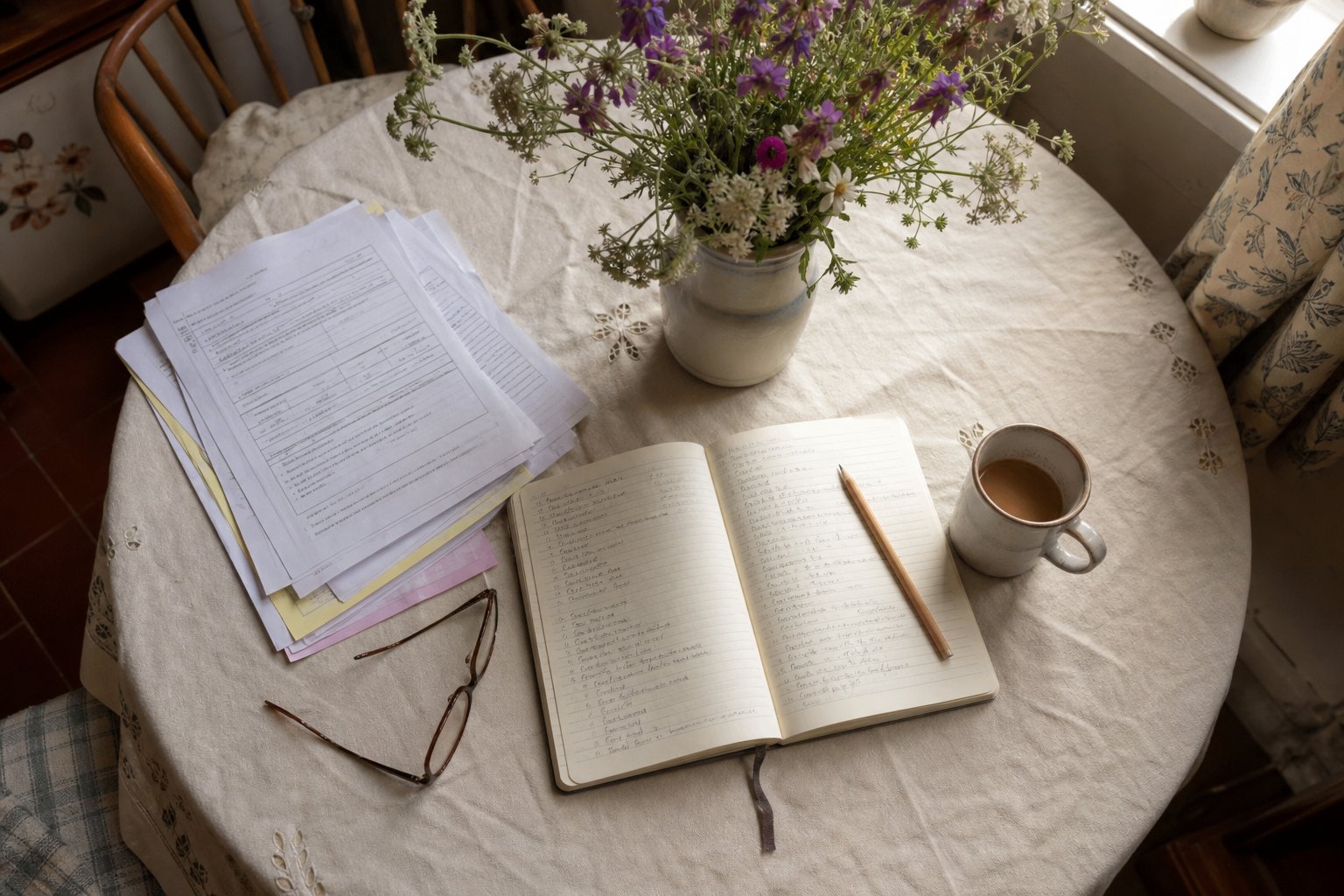 A simple kitchen table with an open notebook, mug of tea and printed booking forms